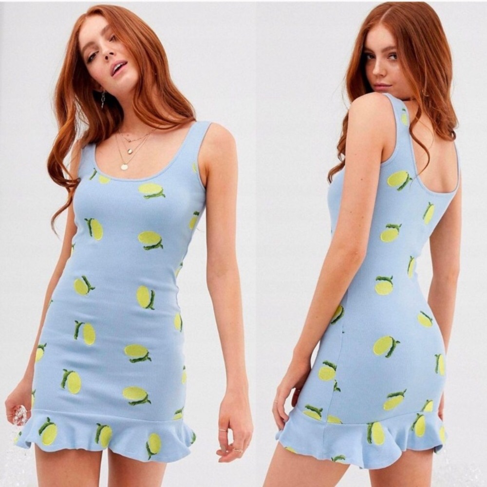 NWT ASOS Bodycon Tank Dress Embroidered Lemon Blue Size 8